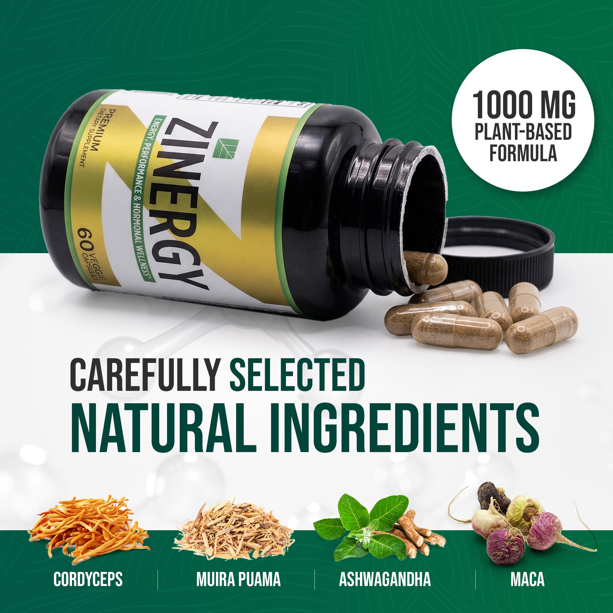 Dr. Zisman ZINERGY ingredientes naturales maca y ashwagandha visibles que resaltan origen vegetal