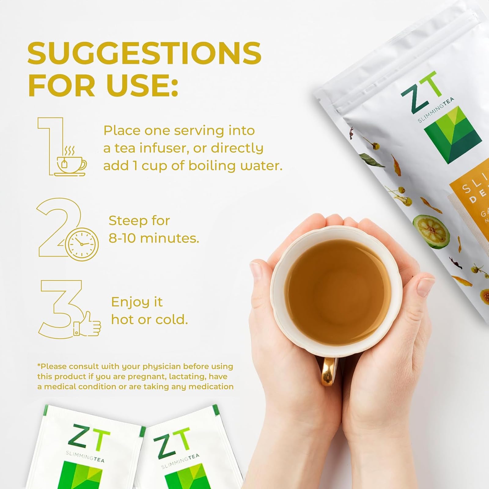 Dr. Zisman ZT Slimming Tea bolsita infusionándose en taza caliente para relajación