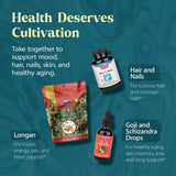 Dragon Herbs frasco en entorno de baño natural, apoya rutina de belleza