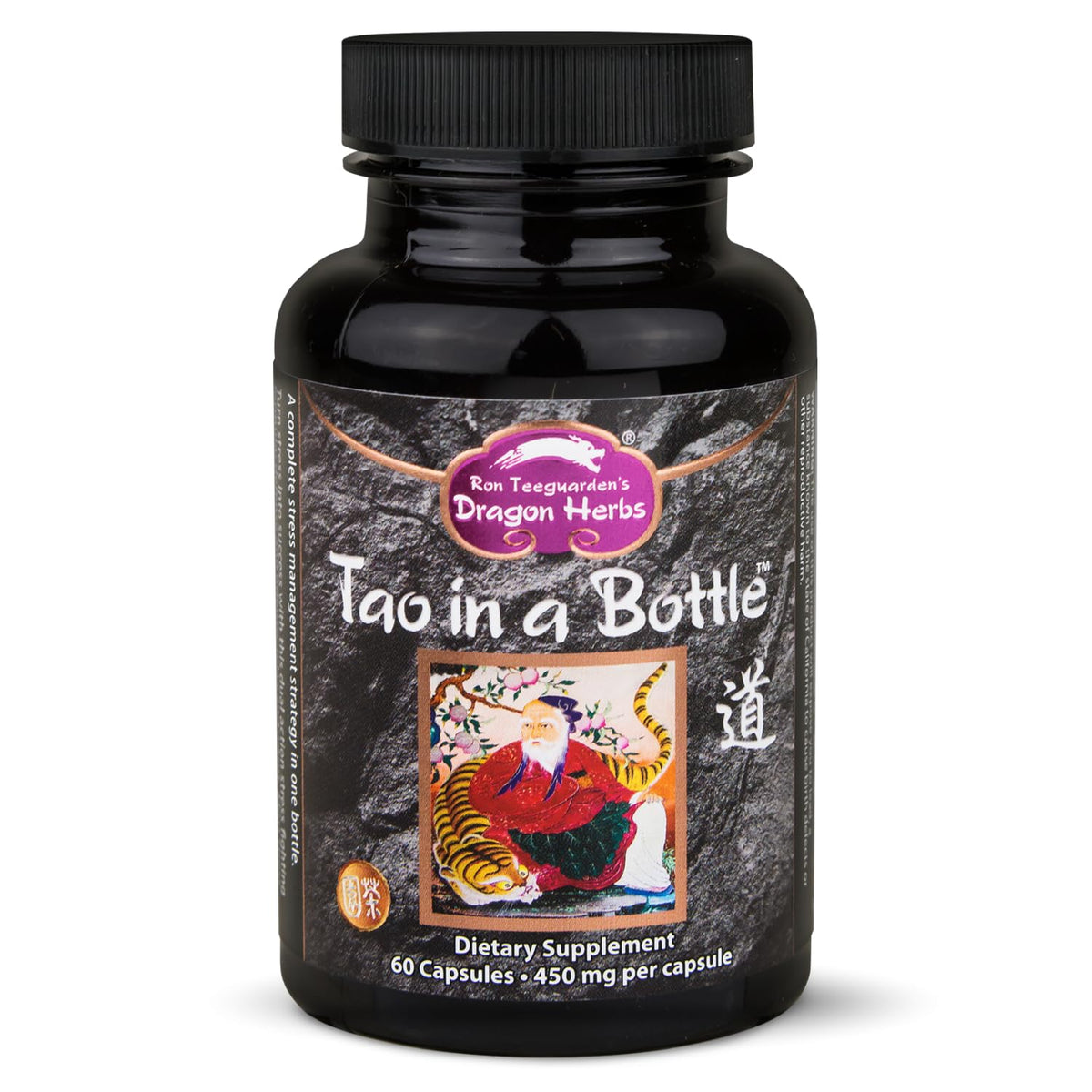 Dragon Herbs frasco delantero Tao in a Bottle mostrando diseño y beneficio de gestión de estrés