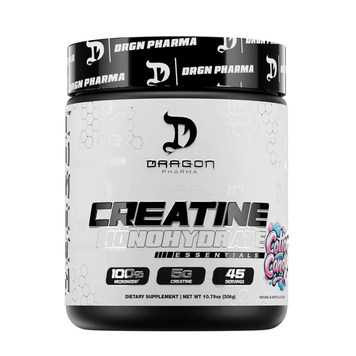 DRAGON PHARMA creatina monohidrato bote frontal, muestra pureza y presentación