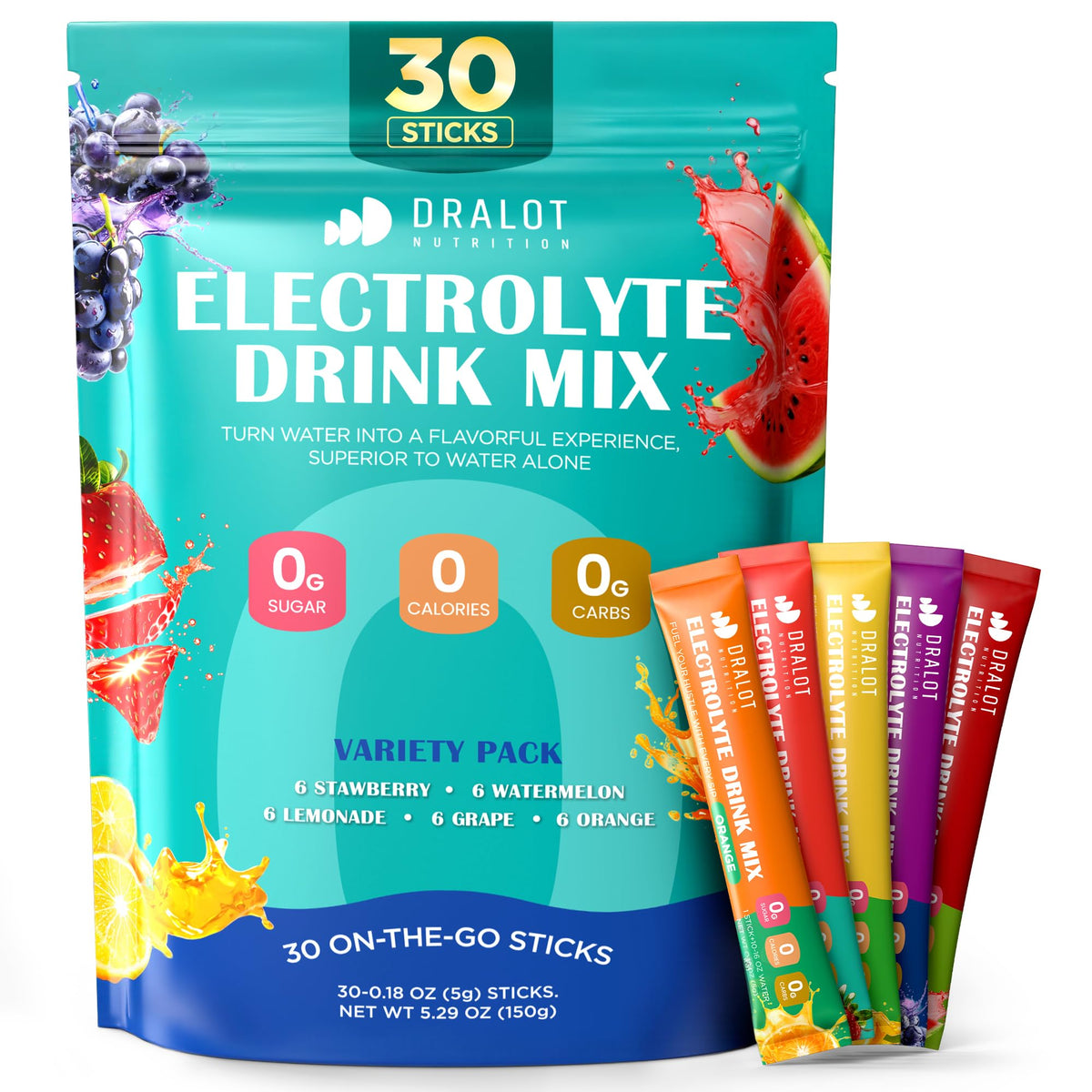Dralot Nutrition paquete frontal mostrando 30 sobres y beneficios portátiles