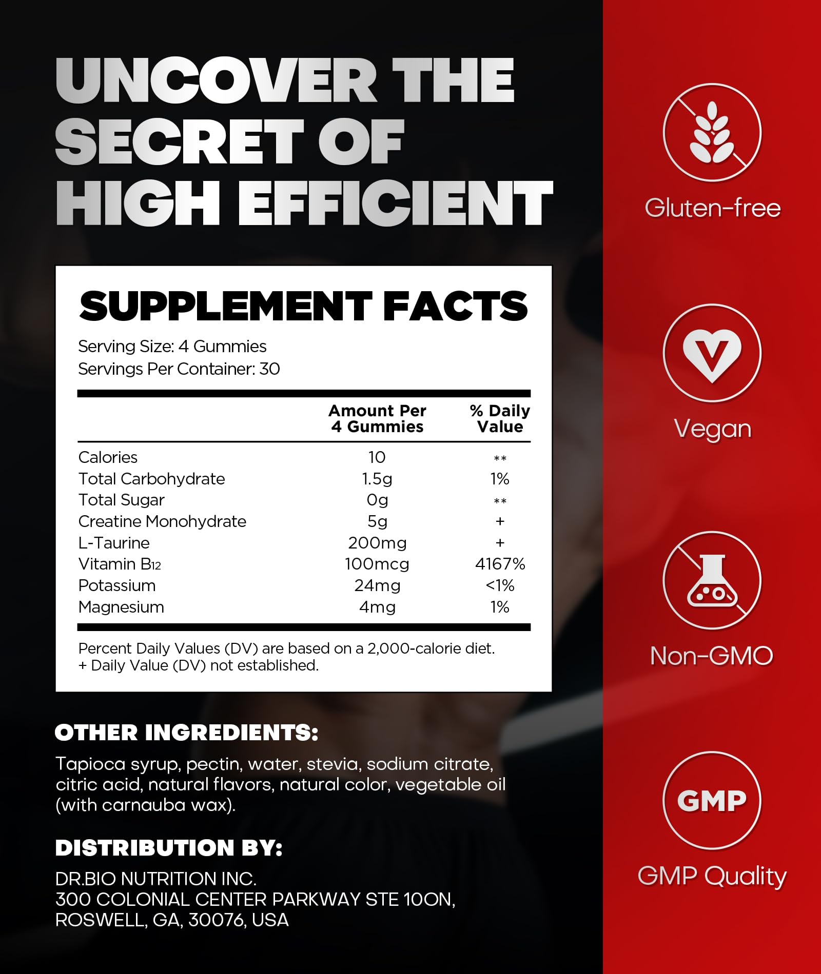 DR.BIO etiqueta con lista de ingredientes y 5g creatina por porción
