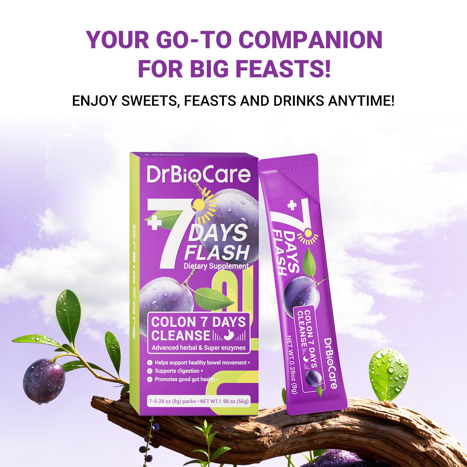 DrBioCare sobre abierto con polvo fino que indica mezcla rápida y disolución