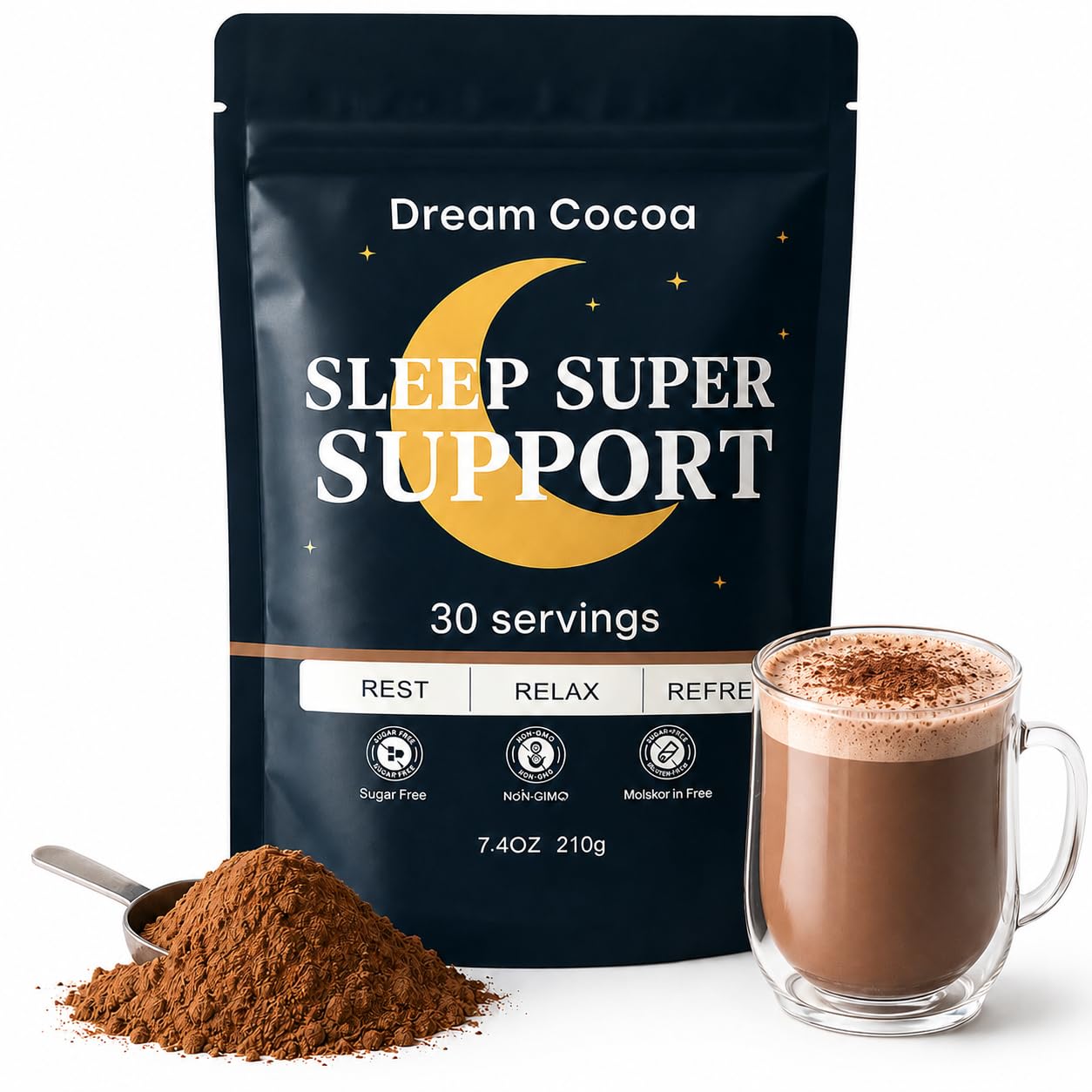 Dream Cocoa envase frontal mostrando 30 porciones y beneficios