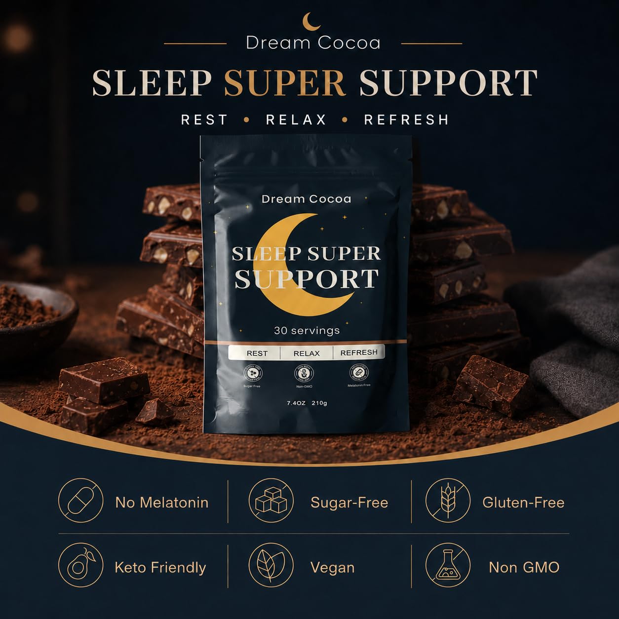 Dream Cocoa en ambiente nocturno que sugiere relajación natural