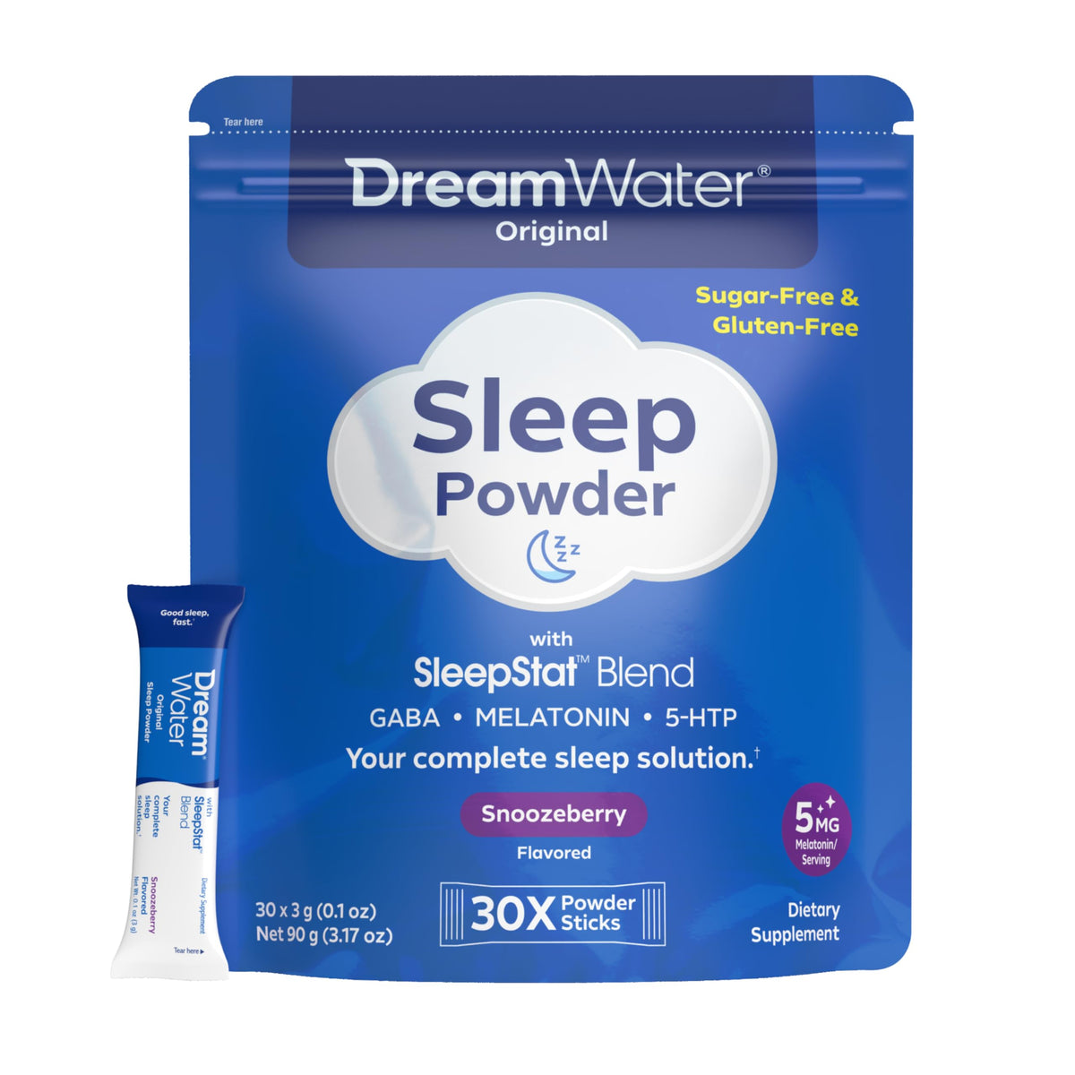 Dream Water frente del empaque Snoozeberry mostrando sobres prácticos y beneficio de conveniencia