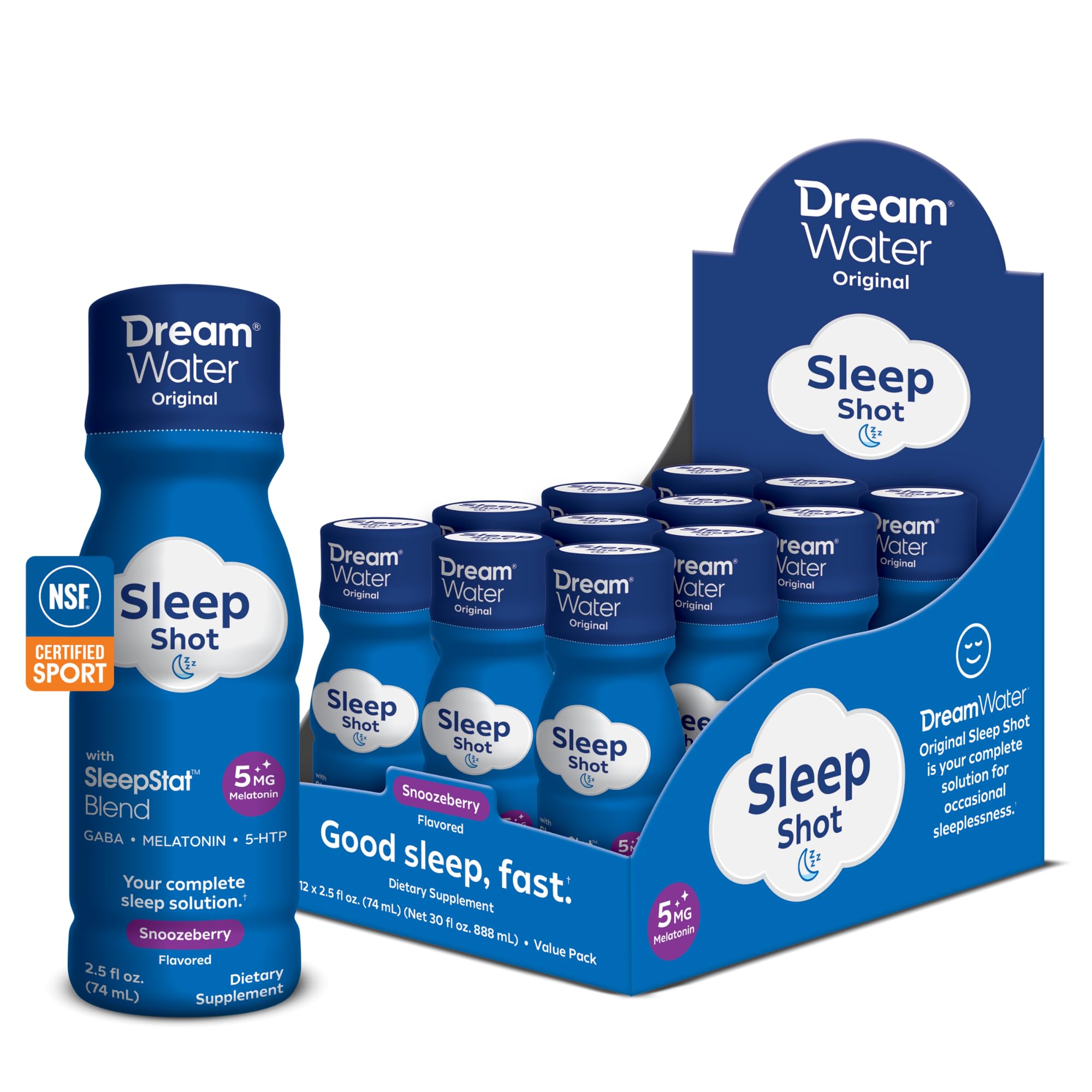 Dream Water frente del empaque Snoozeberry mostrando el pack y conveniencia