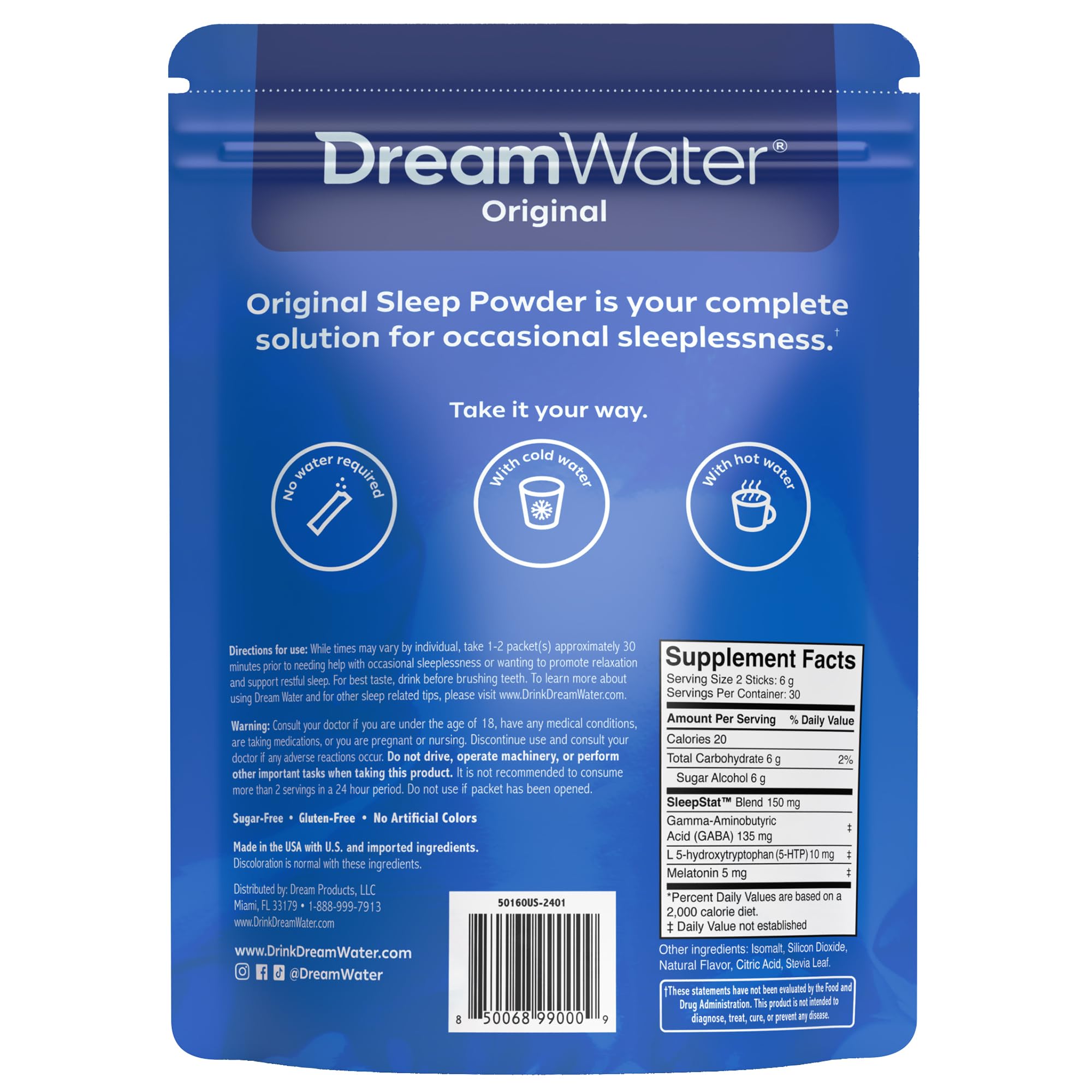 Dream Water etiqueta de ingredientes destacando GABA, melatonina y 5-HTP