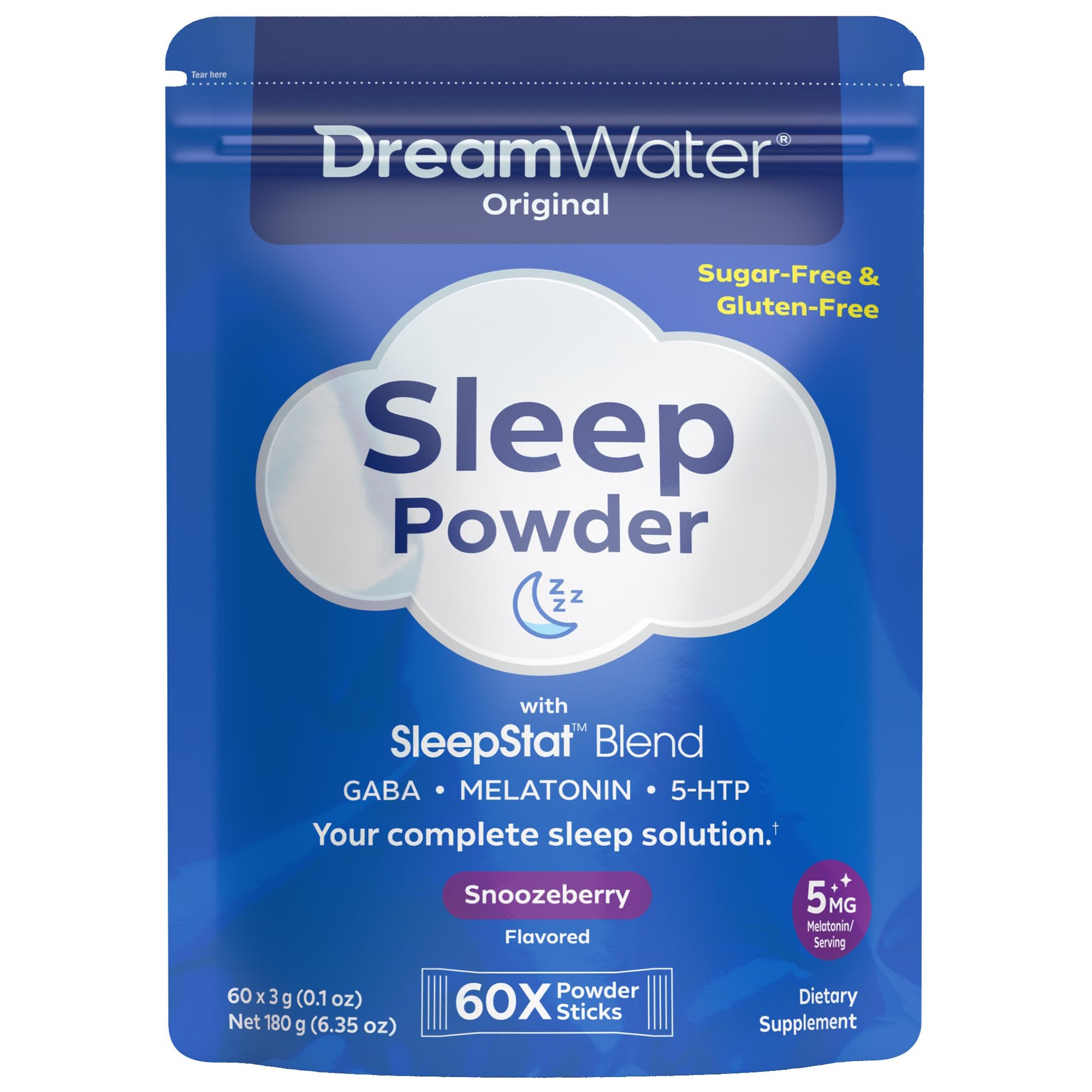 Dream Water frente del paquete mostrando sobres y beneficio de sueño portátil