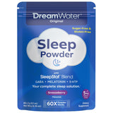 Dream Water frente del paquete mostrando sobres y beneficio de sueño portátil