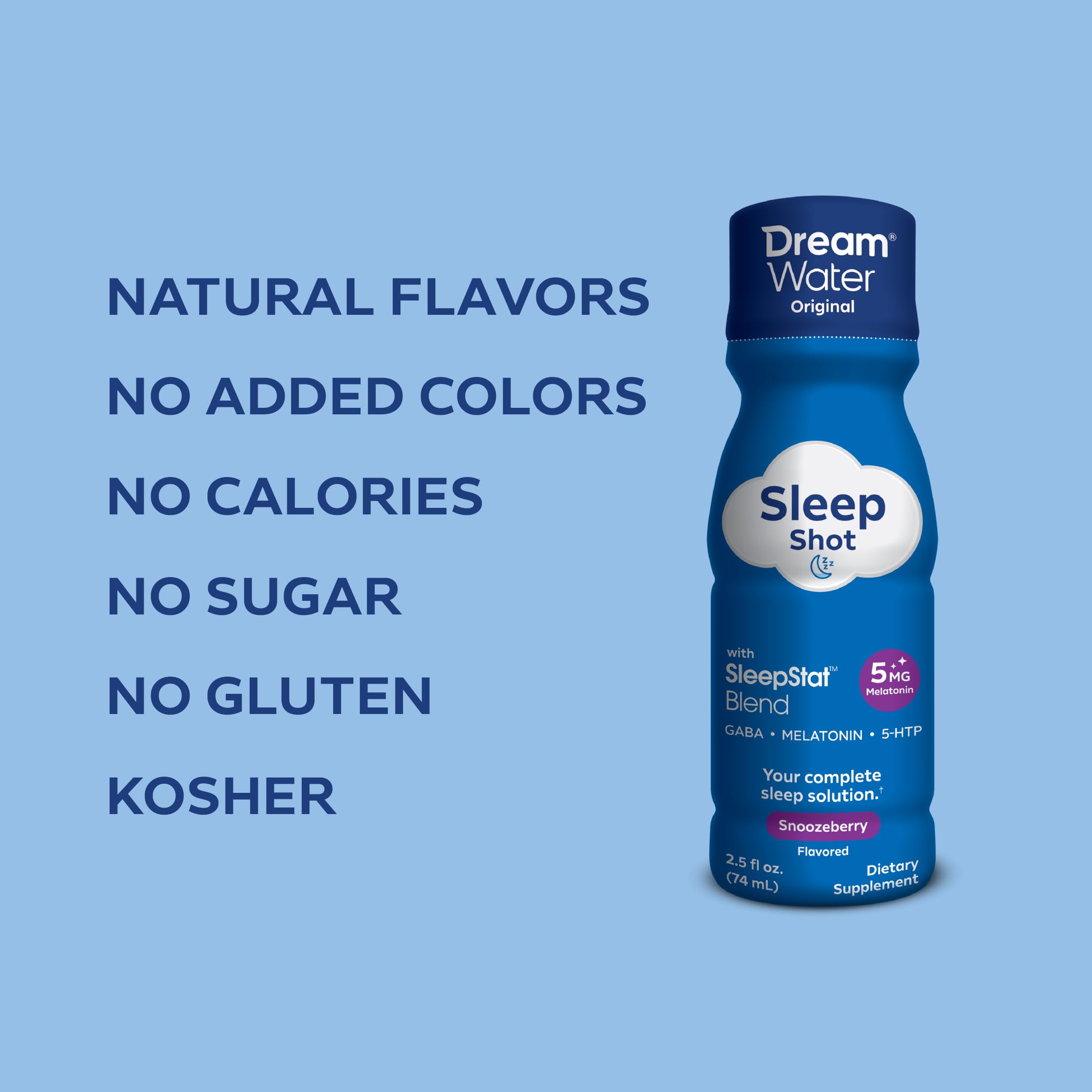 Dream Water botella con sabor Snoozeberry resaltando gusto natural