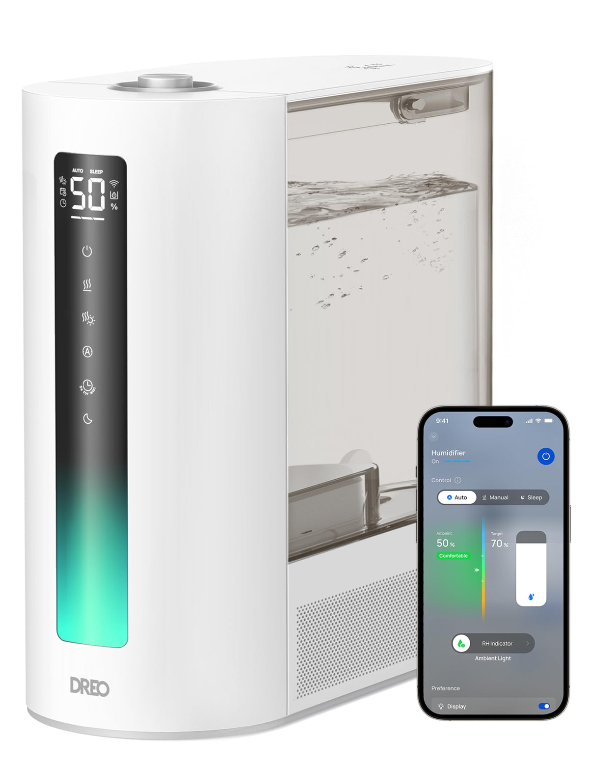 DREO humidificador frontal mostrando diseño y gran capacidad