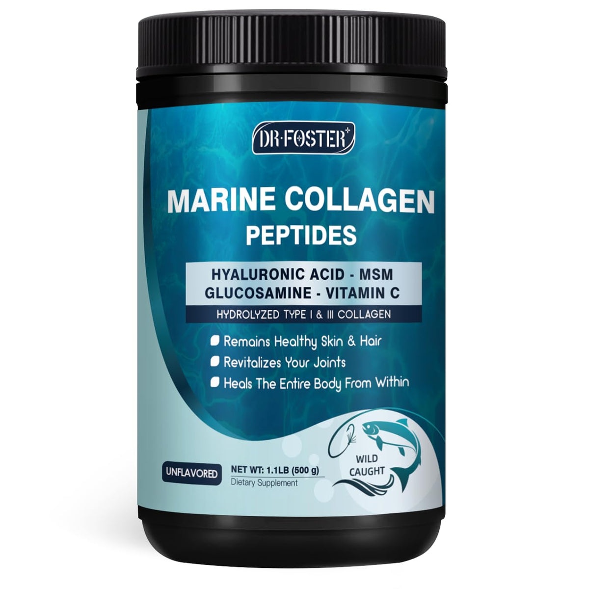 DRFOSTER envase frontal del colágeno marino mostrando porciones y beneficios