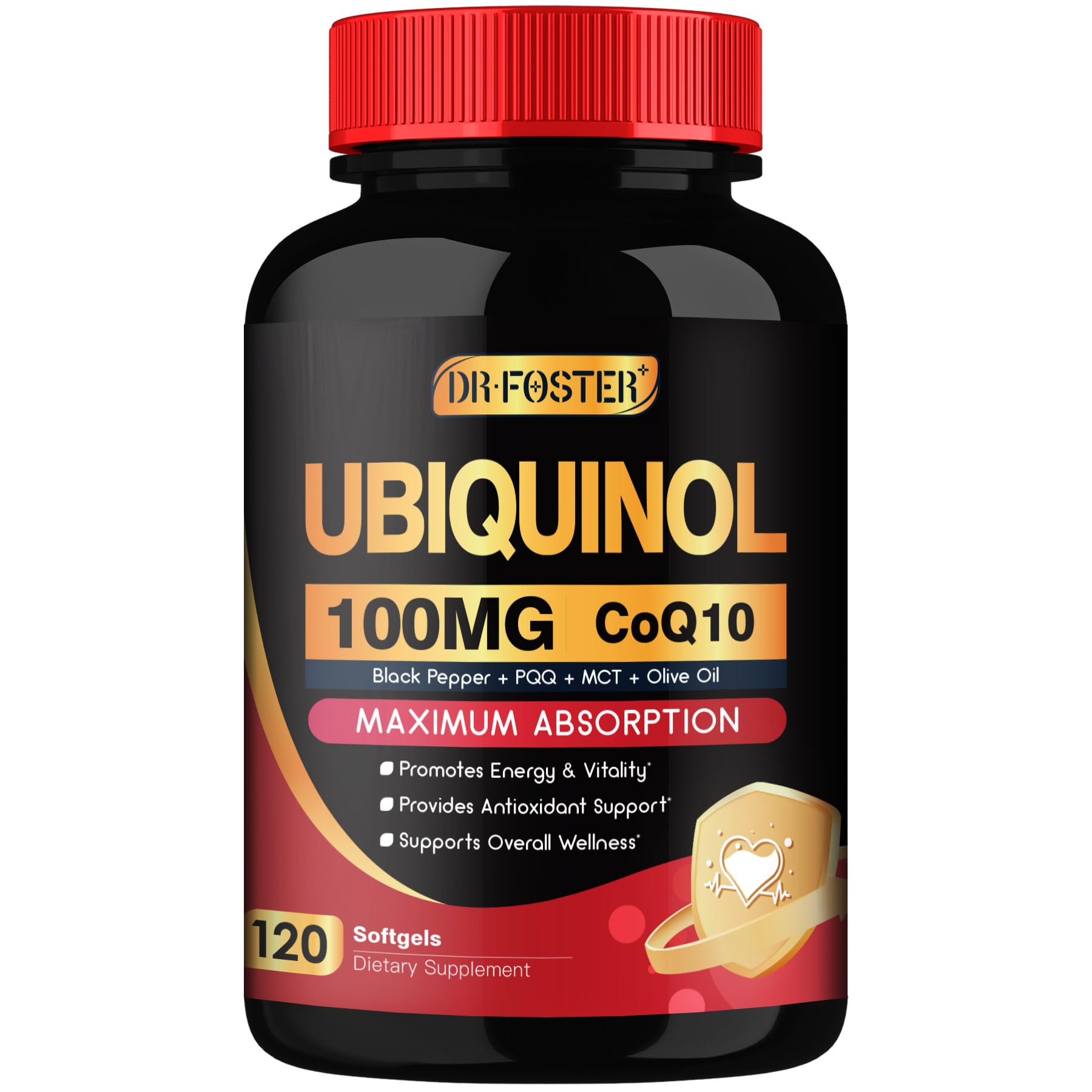 DRFOSTER frasco frontal con CoQ10 ubiquinol mostrando etiqueta clara y beneficio de energía