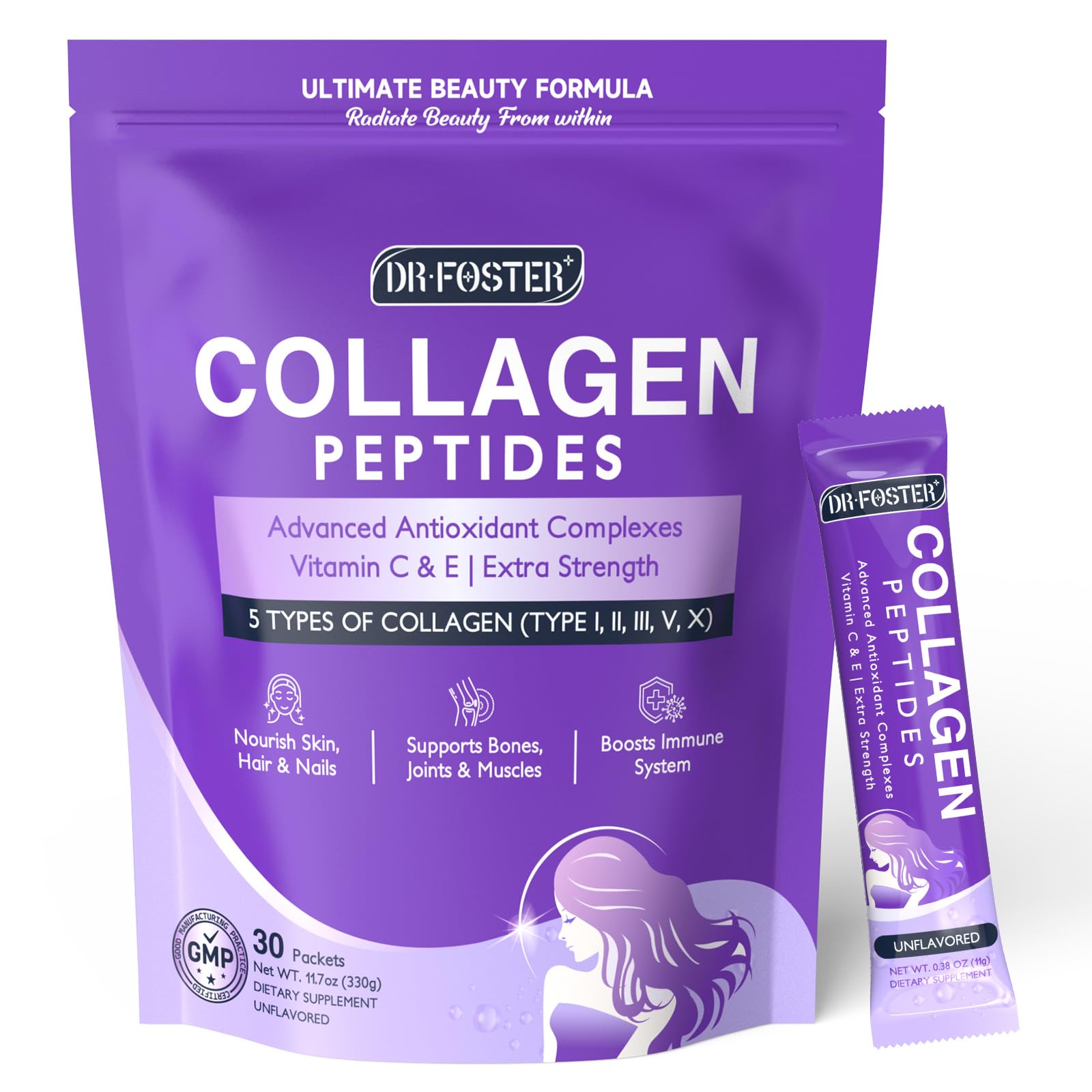 DRFOSTER empaque frontal mostrando 30 sobres y beneficios visibles