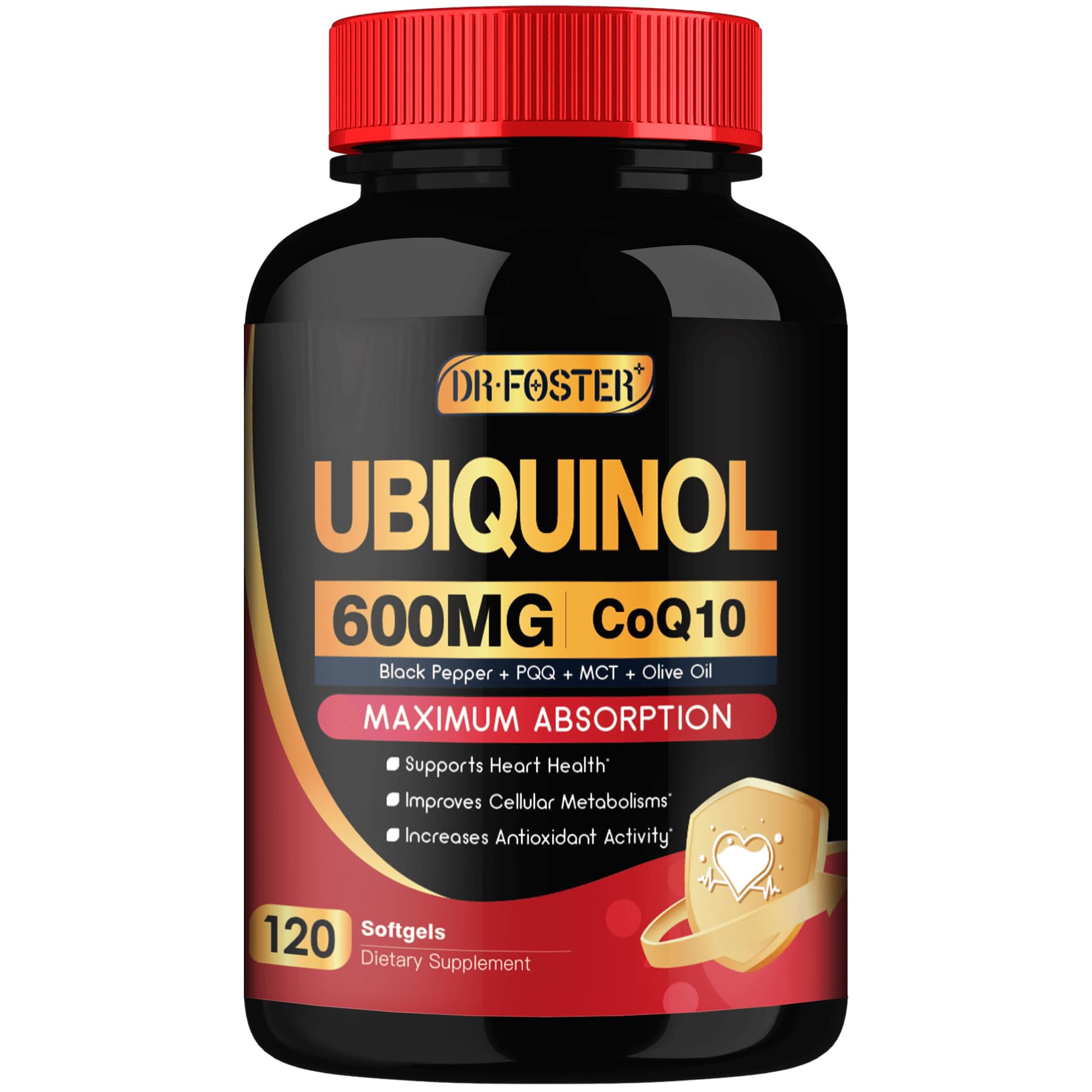 DRFOSTER frasco frontal mostrando ubiquinol y beneficio de absorción