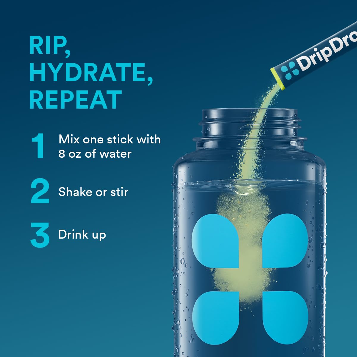 DripDrop junto a mano y botella para comparar tamaño y portabilidad