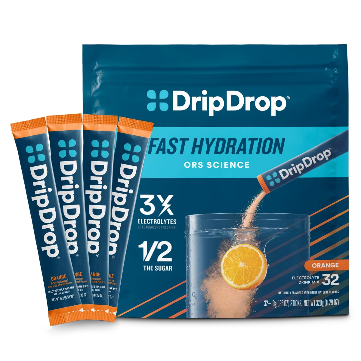 DripDrop empaque frontal sabor naranja mostrando 32 sobres y beneficios