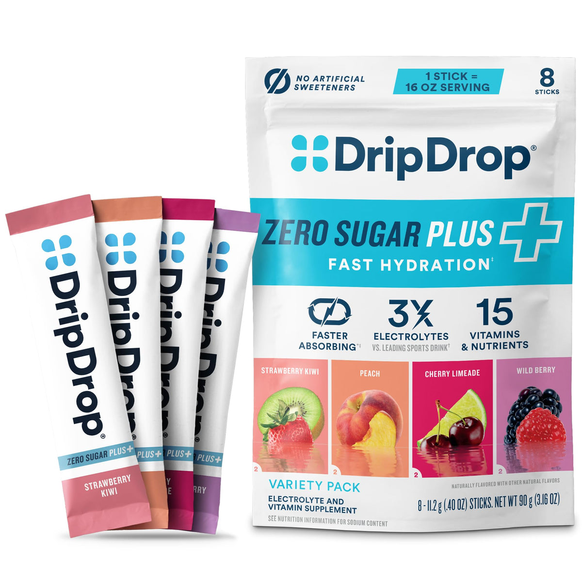 DripDrop empaque frontal mostrando sabores y beneficio de hidratación rápida