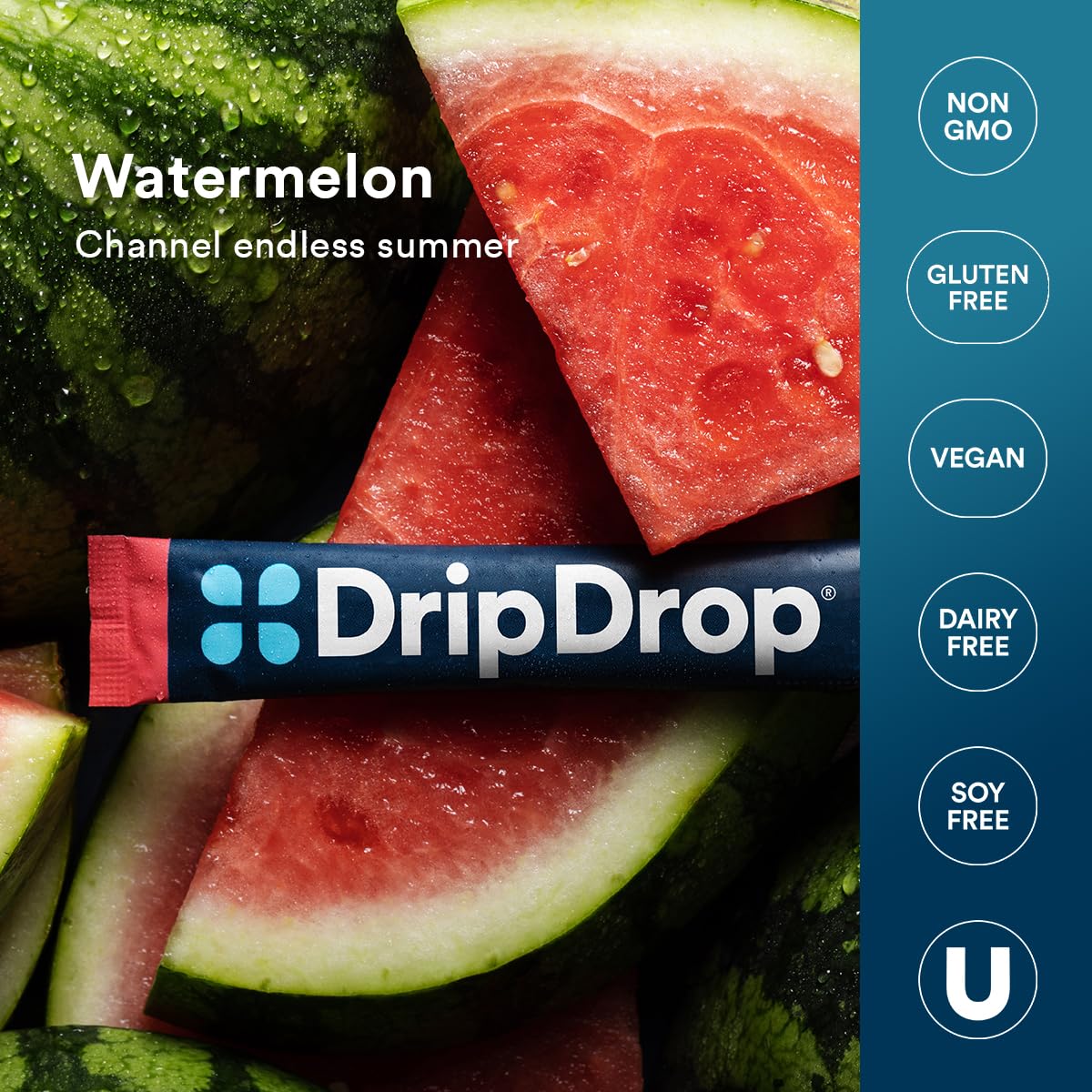 DripDrop etiqueta de ingredientes resaltando fórmula no-GMO y apta para dietas