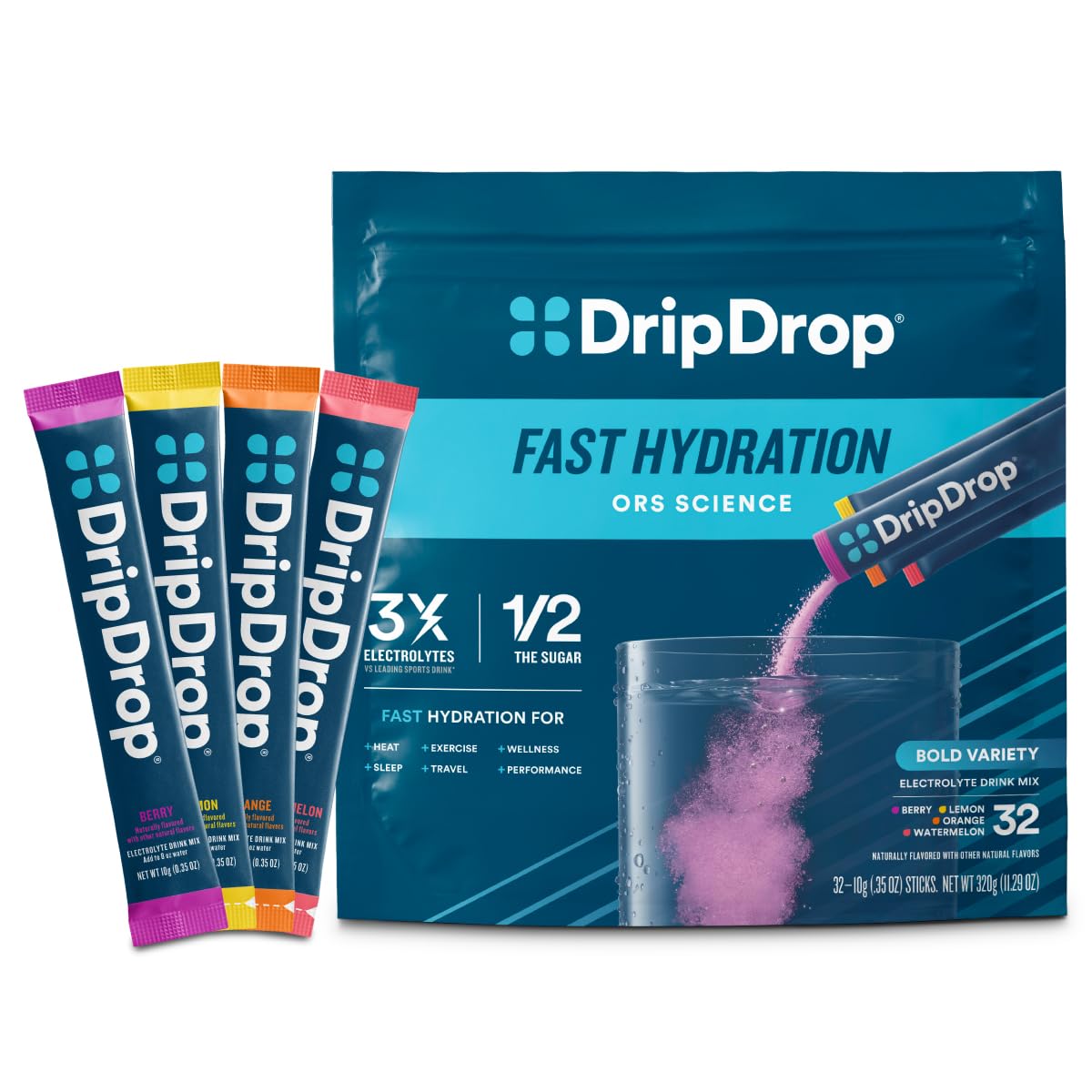 DripDrop frente del empaque mostrando 32 sobres y beneficios visibles