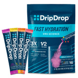 DripDrop frente del empaque mostrando 16 sobres y beneficio de conveniencia
