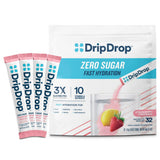 DripDrop envase frontal Strawberry Lemonade mostrando 32 sobres y beneficios