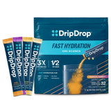 DripDrop paquete tropical al frente mostrando 32 sobres y beneficios rápidos