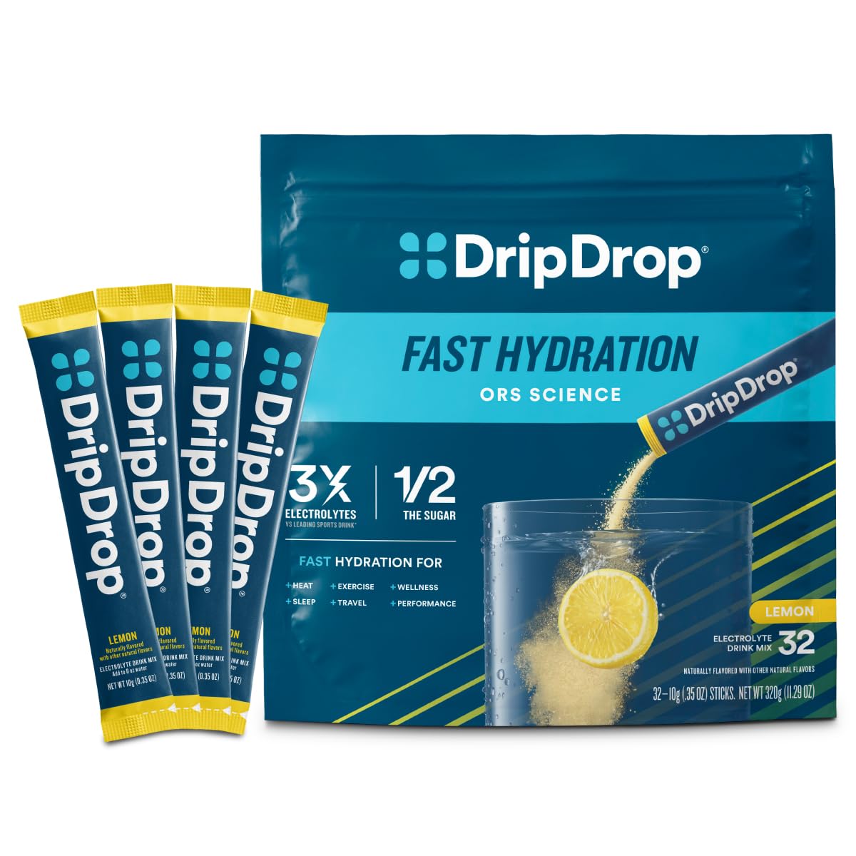DripDrop frente del empaque limón con información visible y portabilidad
