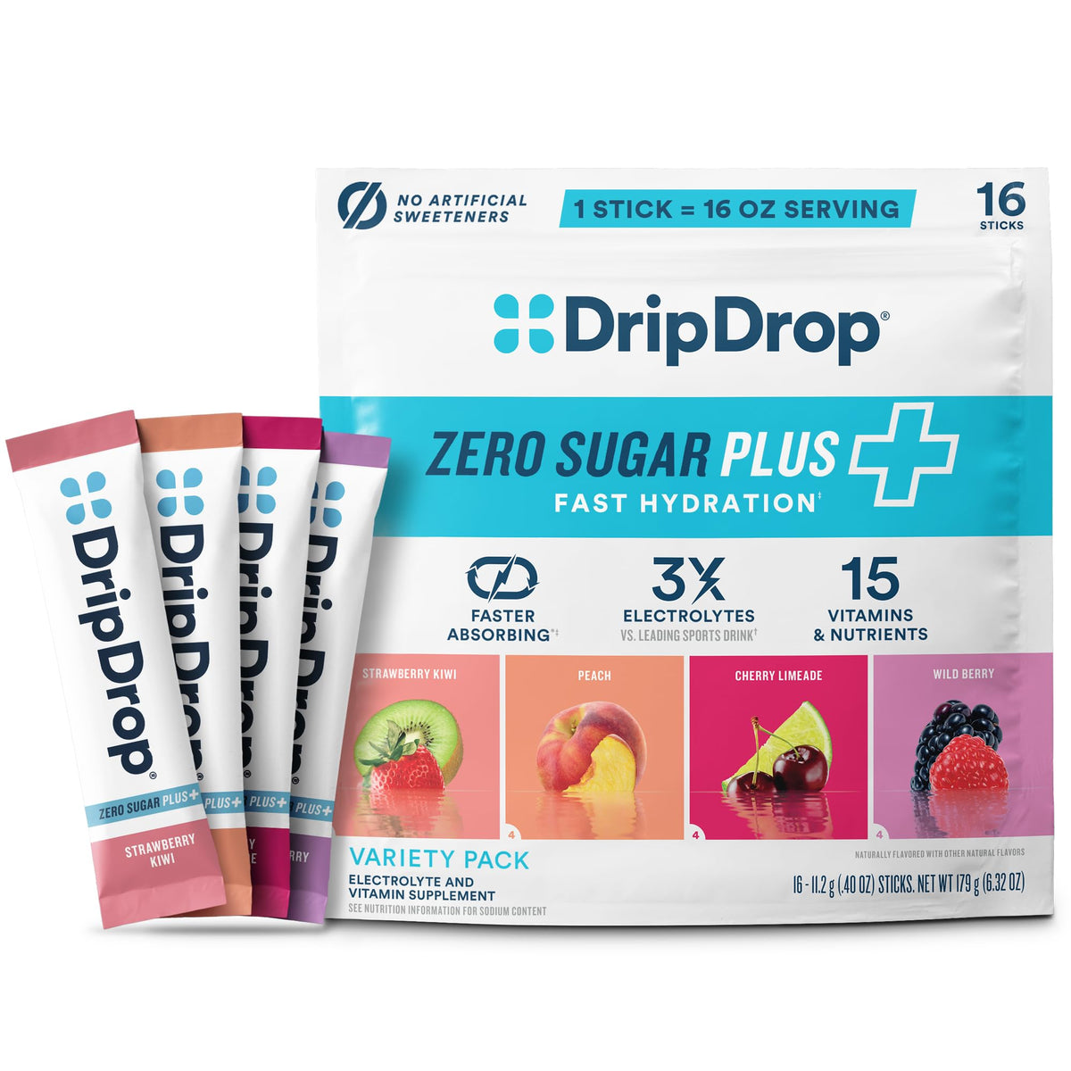 DripDrop empaque frontal mostrando 16 sticks y beneficios