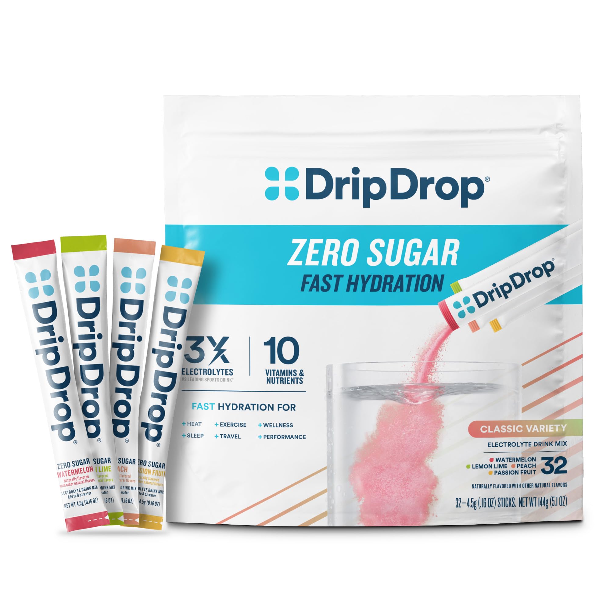 DripDrop paquete 32 sobres frente mostrando variedad y portabilidad