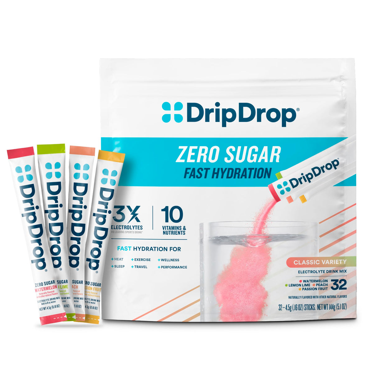 DripDrop paquete 32 sobres frente mostrando variedad y portabilidad