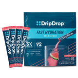 DripDrop empaque frontal sabor sandía mostrando 32 sobres y beneficio de llevarlo fácil