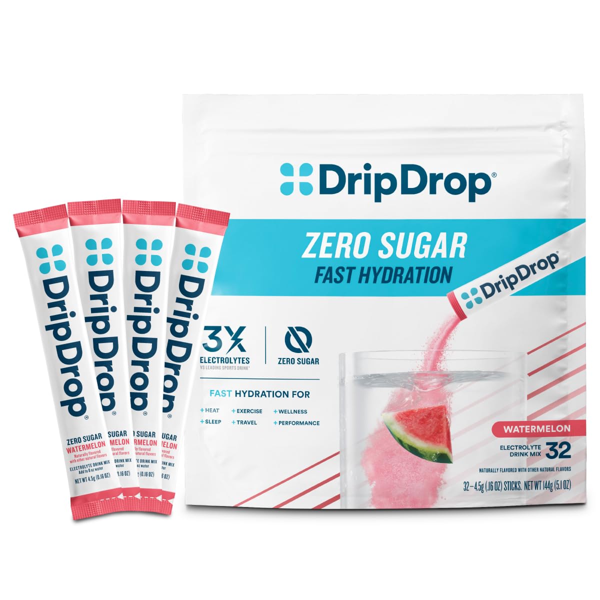 DripDrop paquete frontal Zero Watermelon mostrando el diseño y beneficio de hidratación rápida