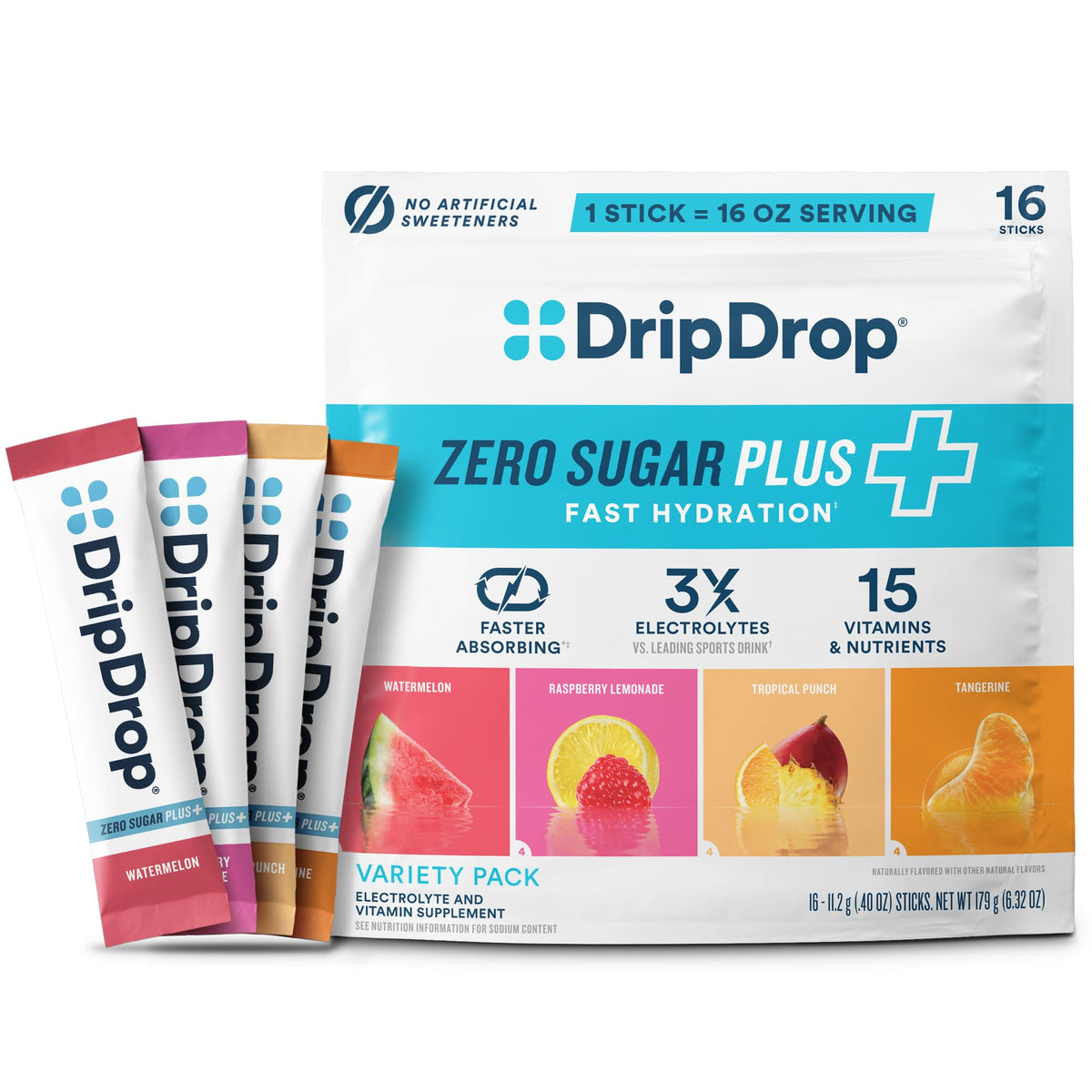 DripDrop paquete frontal mostrando 16 sobres y diseño limpio para hidratación rápida