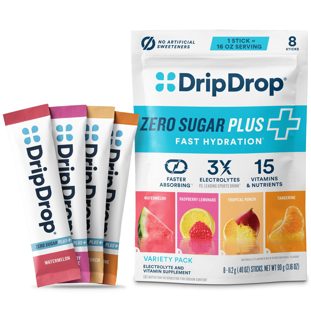 DripDrop paquete frontal mostrando los 8 sticks y beneficios claros