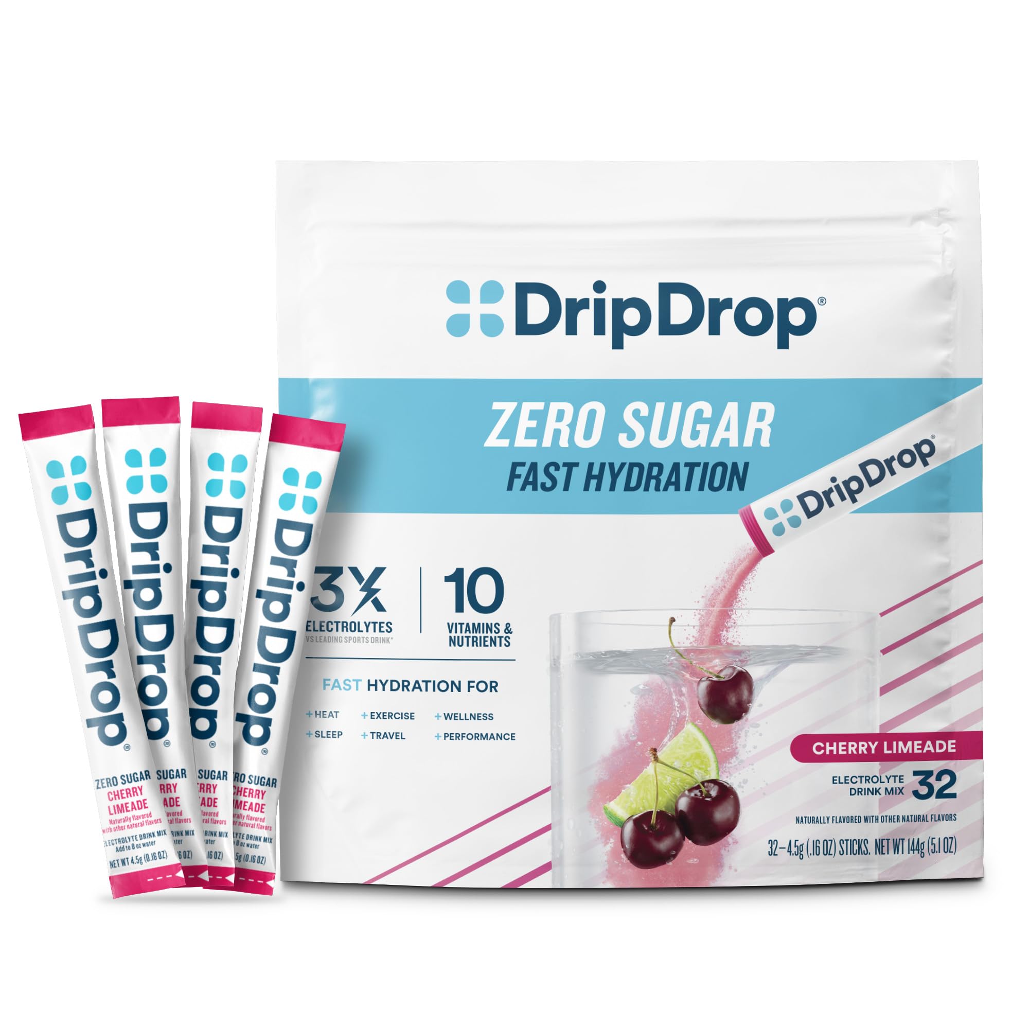 DripDrop presentación frontal mostrando 32 sobres Cherry Limeade y beneficios