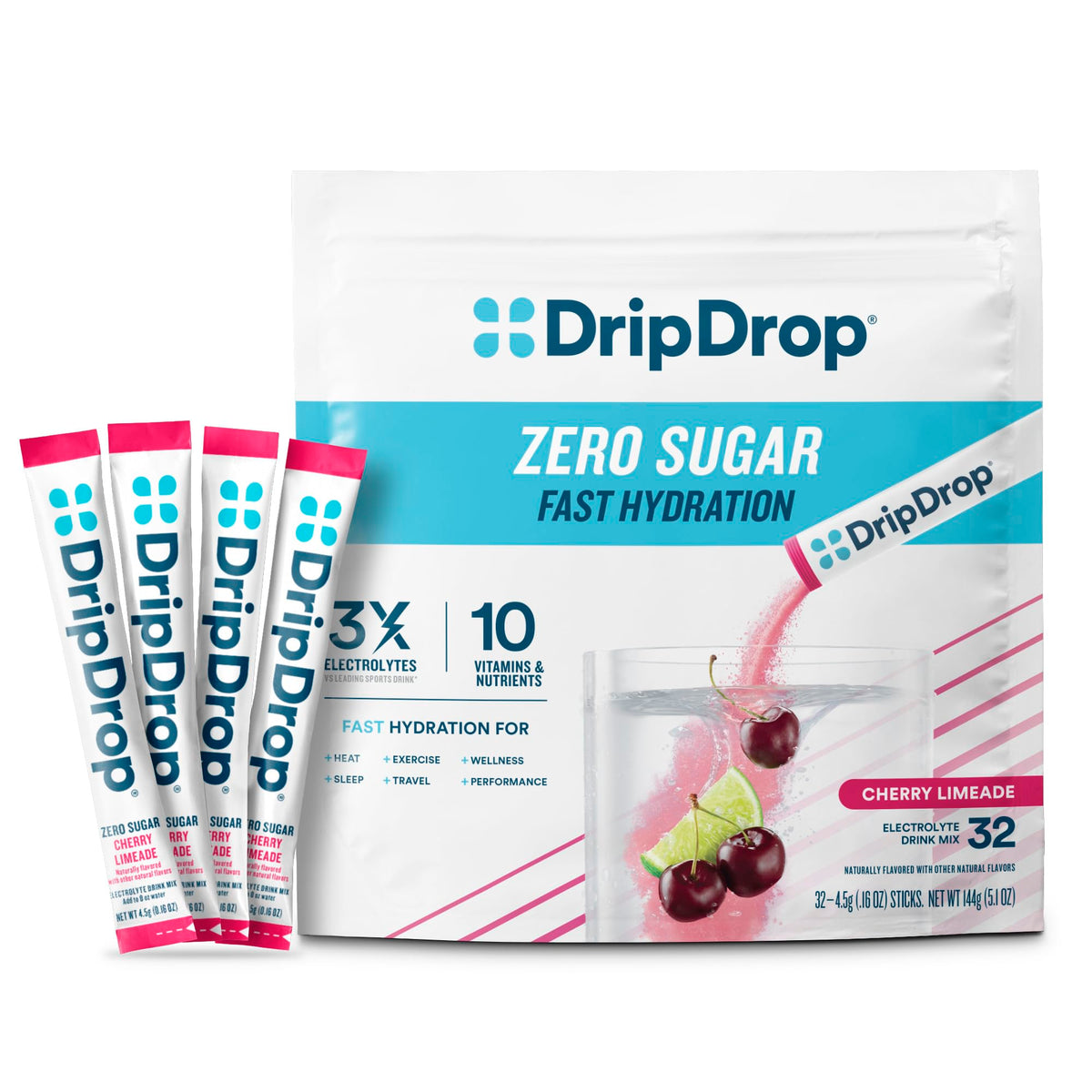 DripDrop presentación frontal mostrando 32 sobres Cherry Limeade y beneficios