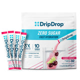 DripDrop presentación frontal mostrando 32 sobres Cherry Limeade y beneficios