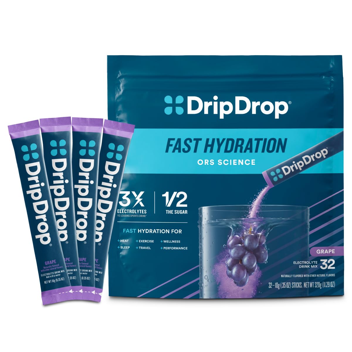 DripDrop empaque frontal uva mostrando 32 sobres y beneficios