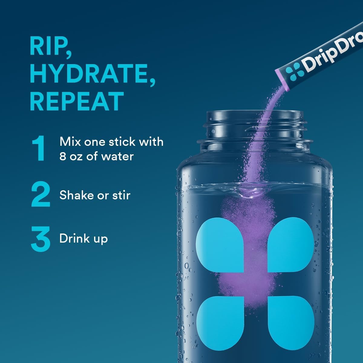DripDrop sobre individual abierto listo para mezclar y transportar