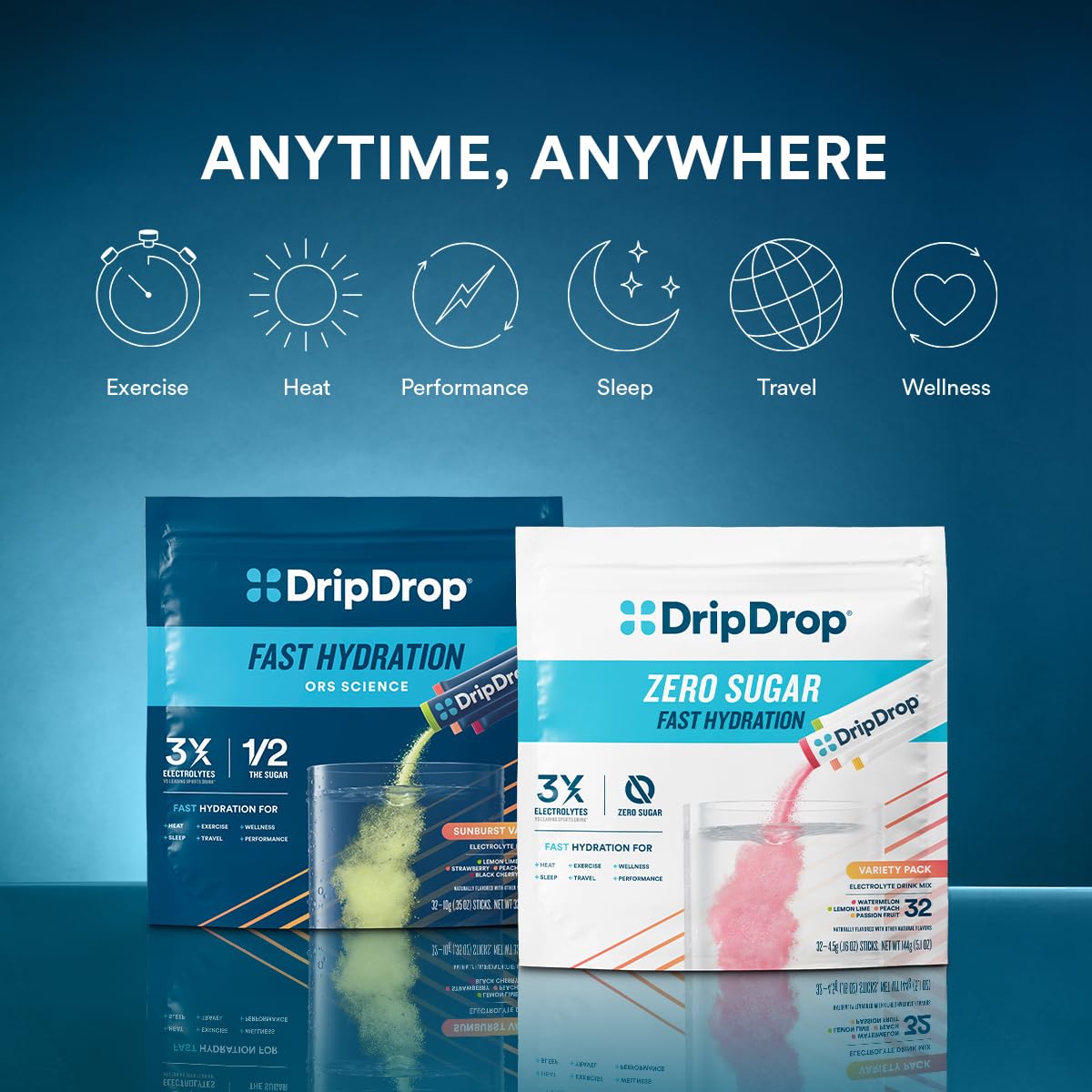 DripDrop display con sabores fresa, durazno, lima y cereza negra