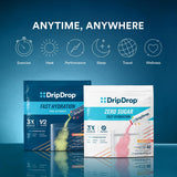 DripDrop display con sabores fresa, durazno, lima y cereza negra