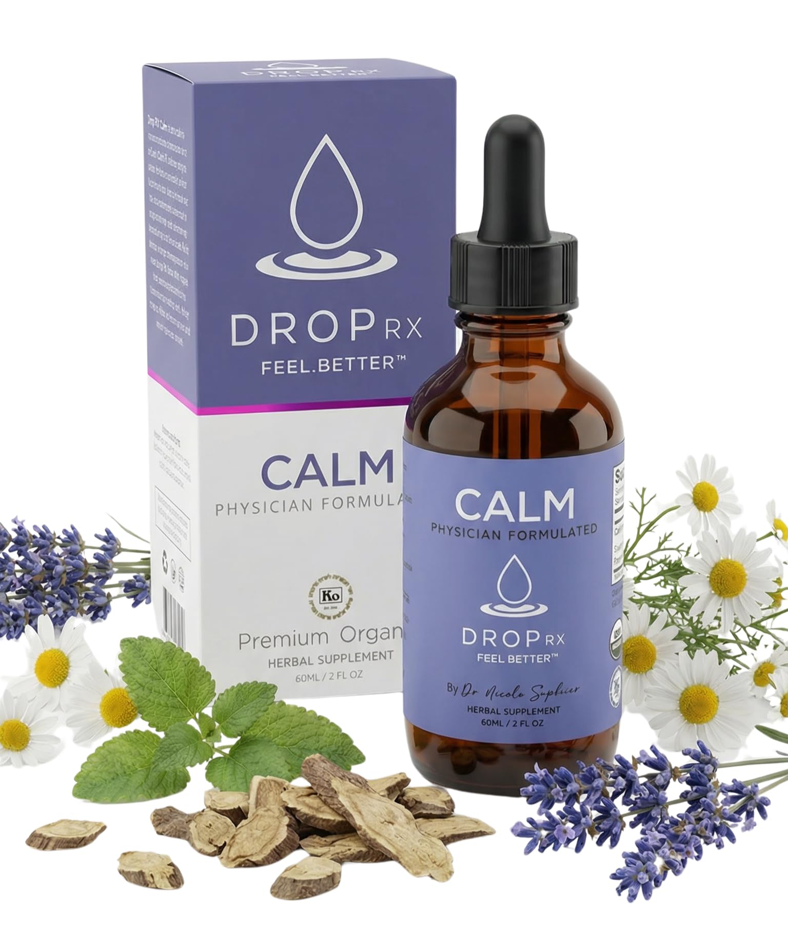 DROP RX FEEL. BETTER. frasco delantero mostrando etiqueta clara y beneficios