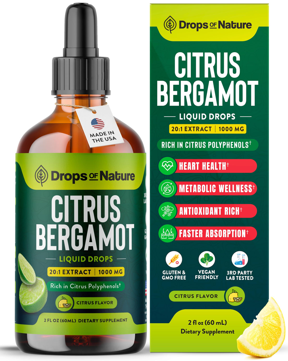 Drops Of Nature frasco frontal mostrando etiqueta y tamaño 60 ml, conveniencia diaria