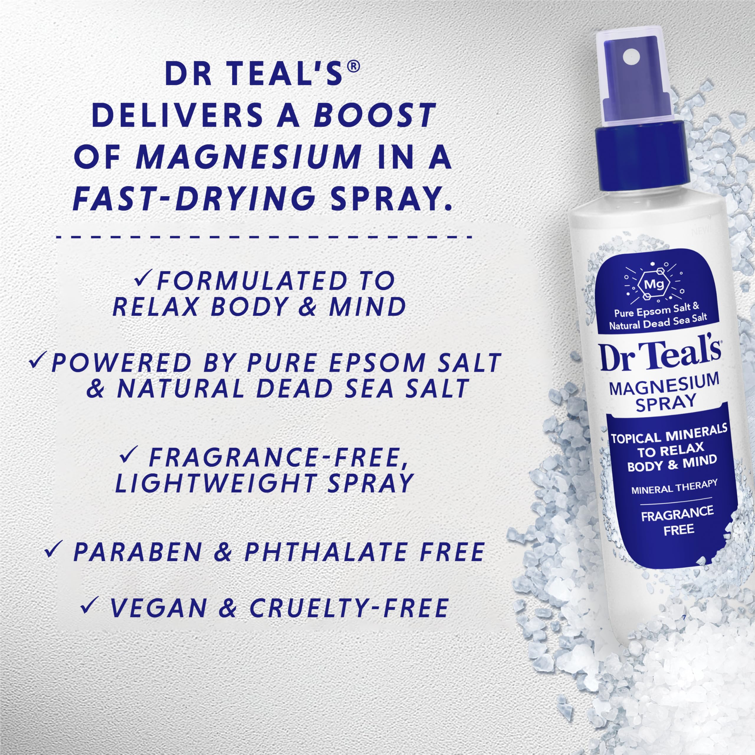 Dr Teal's spray en uso sobre pierna mostrando fácil masaje