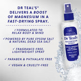 Dr Teal's spray en uso sobre pierna mostrando fácil masaje