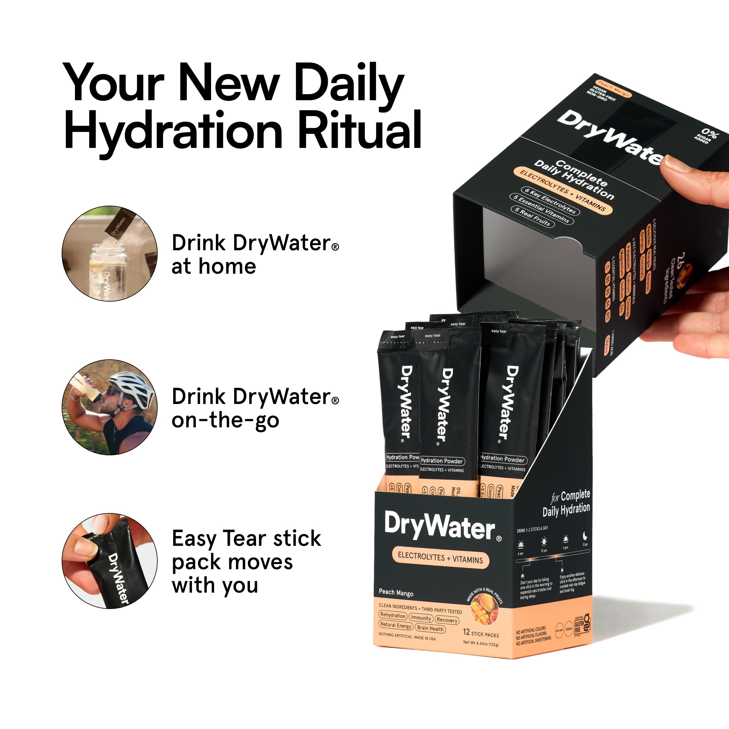 DryWater comparación de tamaño con mano para mostrar portabilidad