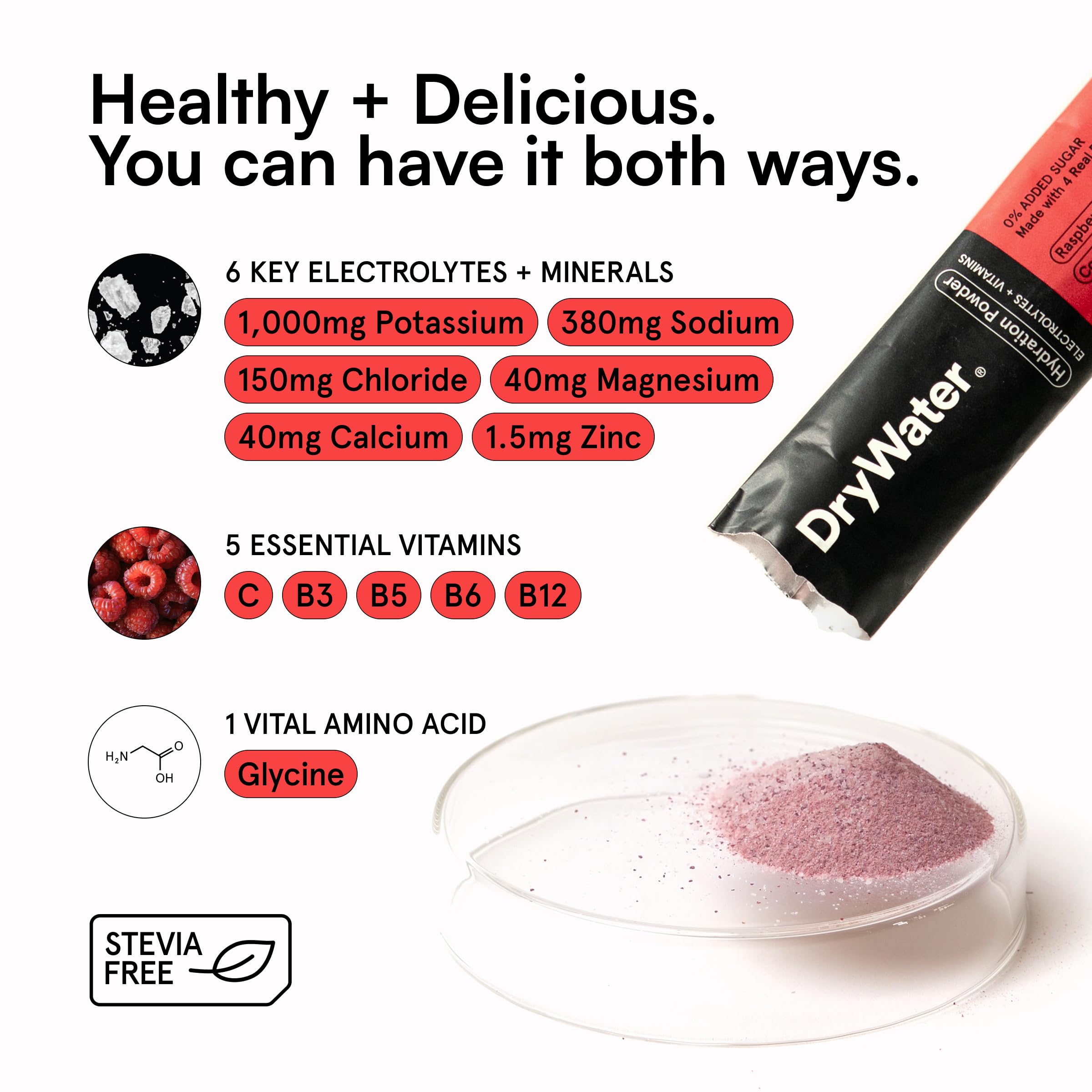 Etiqueta nutricional DryWater destacando 1000 mg de potasio y electrolitos